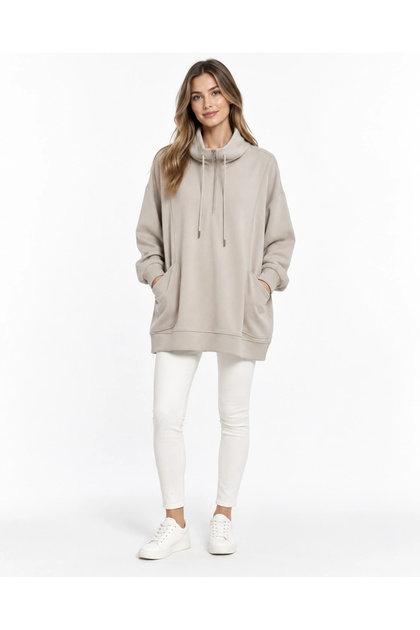 Kadın Kapüşonlu Yarım Fermuarlı Cepli Oversize Sweatshirt Tunik BEJ