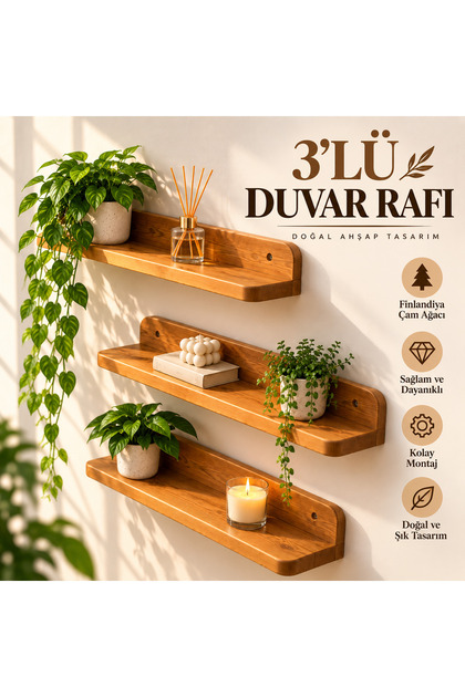 3'lü Ahşap Duvar Rafı 35x9 cm Finlandiya Çam Ağacı Dekoratif Duvar Rafı