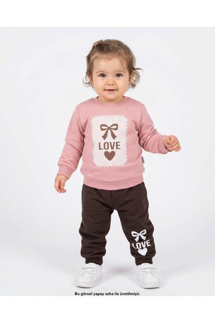 Girl's Love Printed 1-2-3-4 Years Old Winter 3 Threaded Rastered 2-Piece Top and Bottom Tracksuit Set