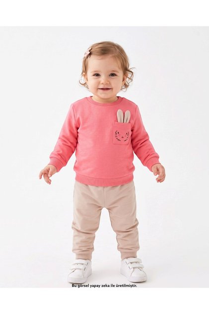 Girl's Seasonal Thin 2-Thread Top and Bottom Set with Rabbit Ear Detail for Ages 1-2-3-4, 2-Piece Compact Set