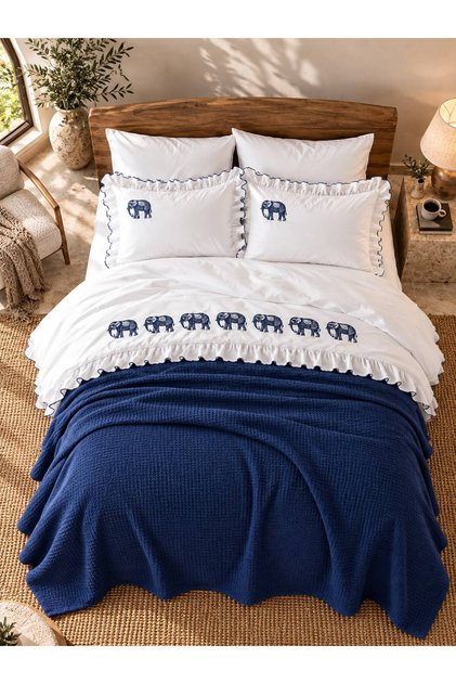 Knitwear Blanket Navy Blue Elephant Embroidered 100% Cotton Double 7-Piece Duvet Cover Set