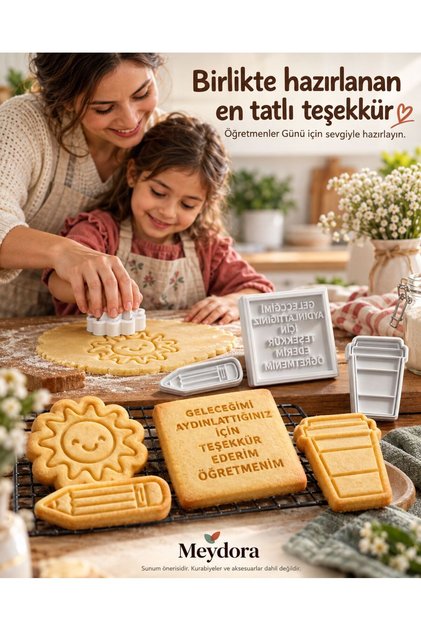 Meydora Teachers' Day Cookie Mold Set 8 Pieces – with Turkish Thank You Message, 4 Cutters and 4 Stamps
