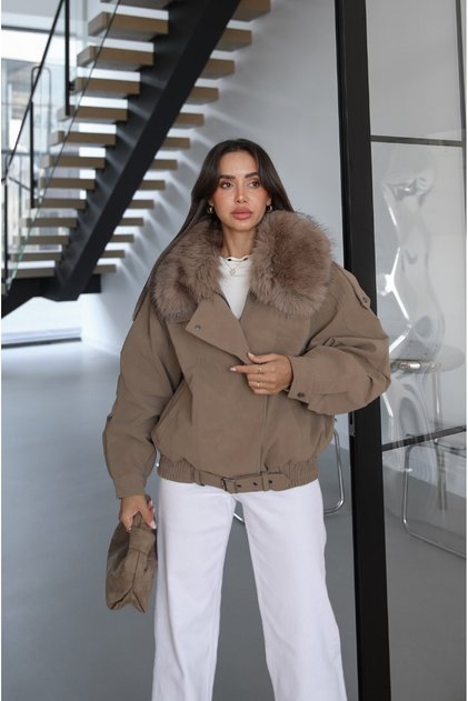 Dark Beige Nubuck Fur Collared Coat