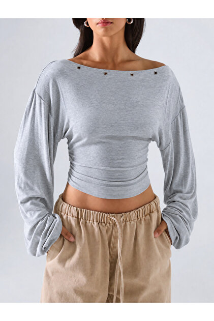 Metal Detailed Boat Neck Draped Long Sleeve Crop Blouse
