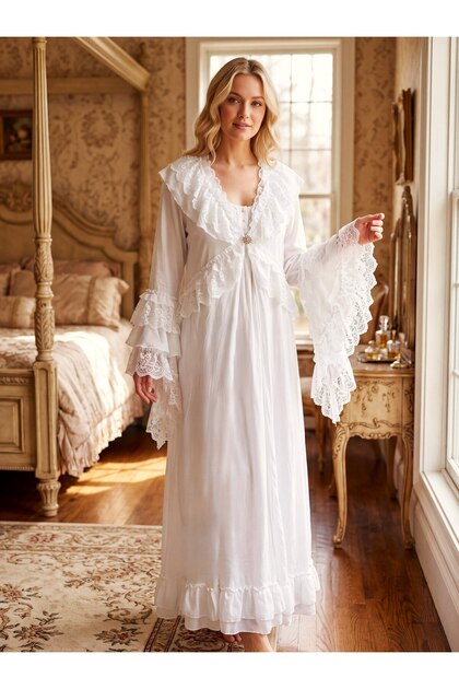New Season Ecru Luxury Boxed Lace Embroidered Nursing Feature 100% Cotton Special Design Long Sleeve Maternity Nightgown Set