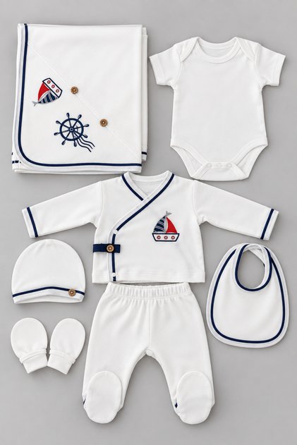 Sailboat Embroidered Baby Boy 7 Piece Hospital Discharge Set 100% Cotton