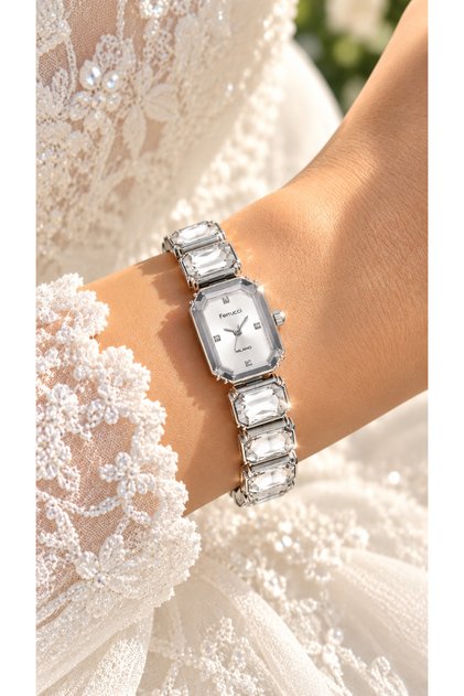 20 mm Mini Case, Silver Stone Steel Band, 5 Atm Pool Sea Use, Women's Wristwatch+Bracelet