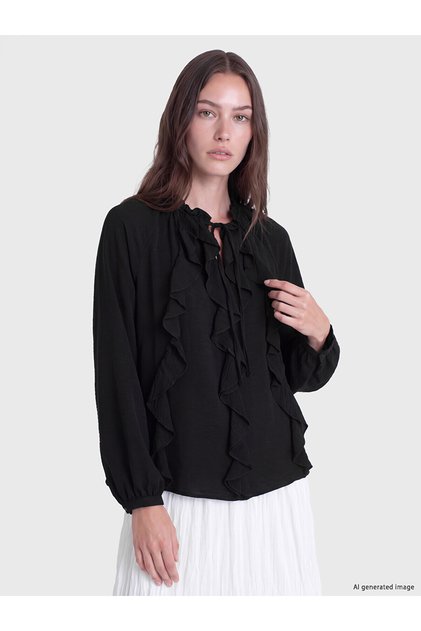 Two Mt Shop Quality Lcw Modest Black Plain Tie-Neck Long Sleeve Women's Blouse