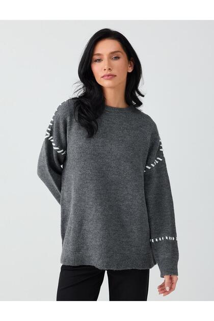Anthracite Stitching Detailed Round Neck Relaxed Fit Knitwear Sweater