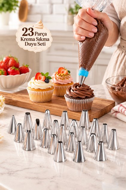 05808 23 Parça Paslanmaz Çelik Krema Sıkma Duy Seti - Pasta, Cupcake, Tulumba Tatlısı Süsleme Krema Torbası Uçları
