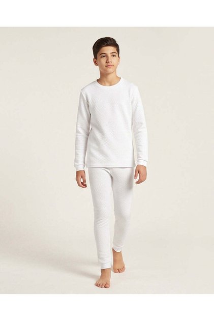 Senior Boys White Quilted Thermal Set, 2 Pieces