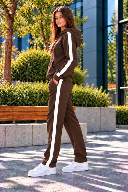 Women's Striped Detail Hooded Rubberized Leggings Track Suit Set