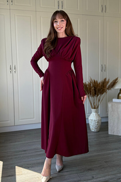 Padded High Neck Midi Burgundy Dress with Chest Detail