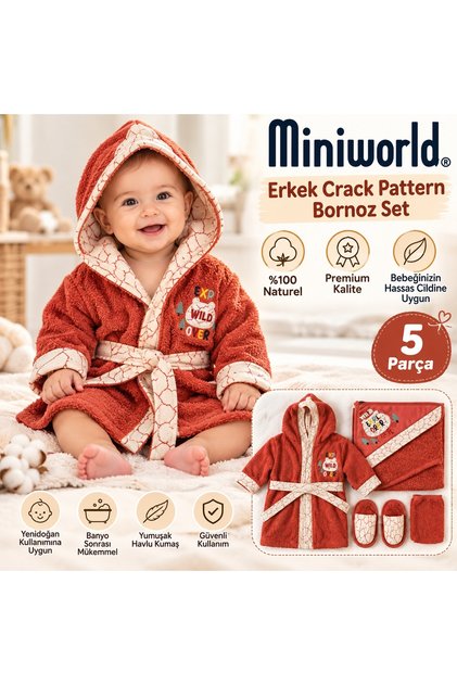 Pamuklu Crack Pattern 5 Parça Yumuşak Havlu Kumaş Erkek Bebek Bornoz Banyo Seti 0-2 Yaş (Bornoz Banyo Havlusu Kese Kemer Terlik)