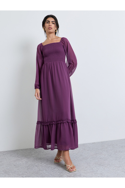 Purple A-Line Maxi Dress with Long Sleeves