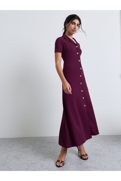 Burgundy Short Sleeve Button-Front Maxi Dress