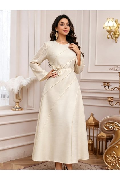 Beige A-Line Maxi Dress with Long Sleeves