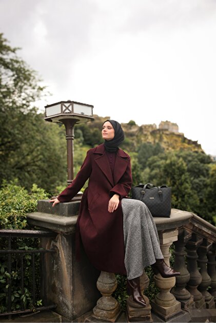 Uzun Yün Kaşe Kaban Bordo