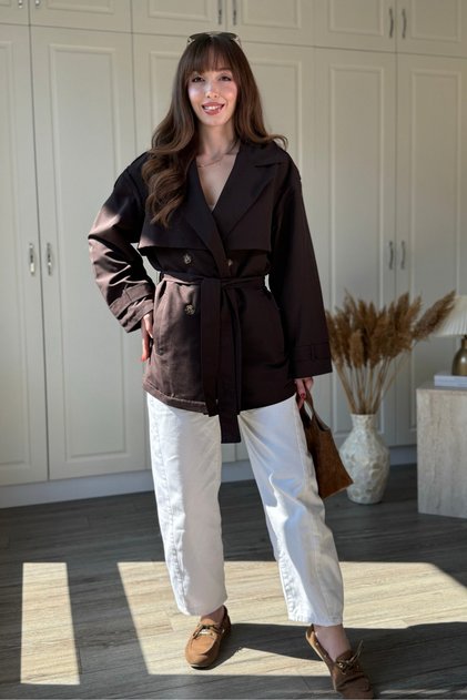 Short Length Buttoned Belted Brown Trench Coat