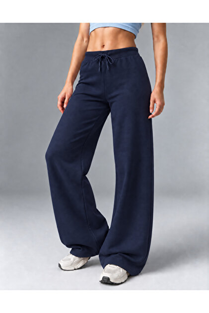 Women's 100% Cotton 3 Thread Waist Tie Flat Leg Sweatpants - Navy Blue