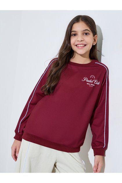 Teen Girls Burgundy Slogan Print Sweatshirt with Piping Detail