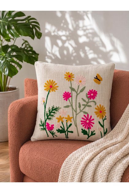 1-Piece Embroidered Square Cushion Cover 18x18inches, Cotton