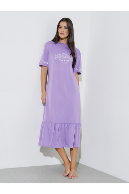 Lilac Slogan Sporty Stripe Sleeve Wide Ruffle Hem Sleep T-Shirt