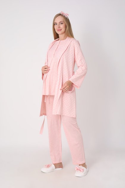 Maternity Pajama and Robe Set – 3-Piece Maternity Set, Self-Patterned Robe and Lace Top