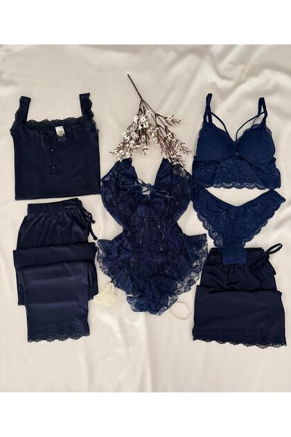Boxed 7-Piece Navy Blue Nero Combed Cotton Pajama Set Underwear Dowry Set