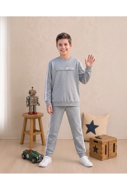 Boys & Teenagers Interlock Stripe Detailed Athletic Printed Long Sleeve Pajama Set Gray