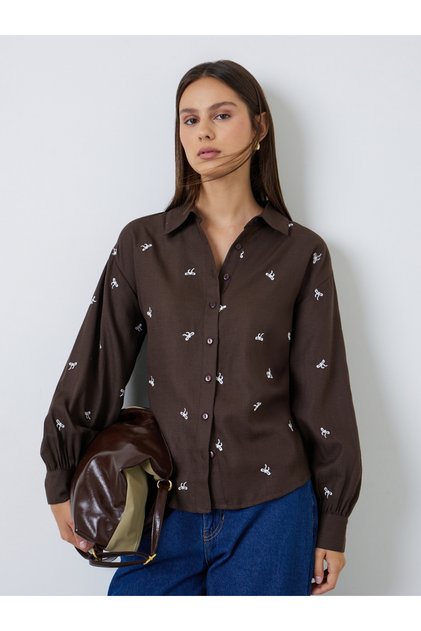 Brown Embroidered Long Sleeve Shirt