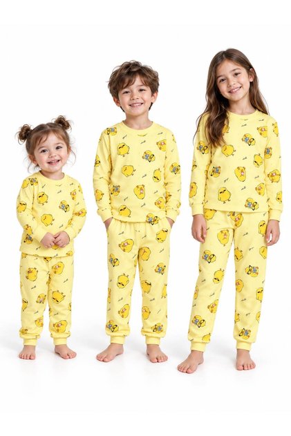 Children's Unisex Yellow Chick Patterned Long Sleeve Pajama Set