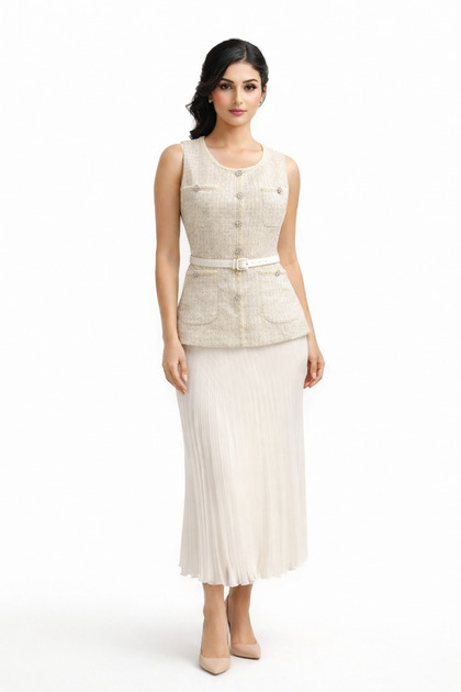 Ivory Tweed Set with Pleated Skirt