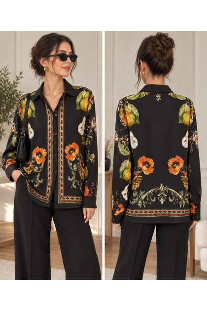 Ethnic Patterned Satin Shirt