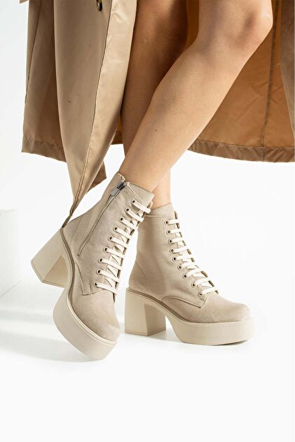 Melvian Women's Beige Luxury Suede Lace-Up Zippered Fur Inside 8 cm Thick Heeled 3 cm Platform Boots Booti