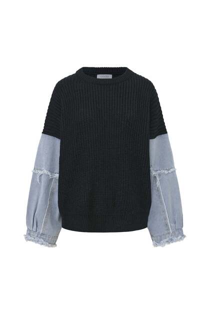 Women's Plain Denim-Look Round-Neck Long-Sleeve Longline Sweater