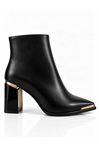 Women's Black Pointed Toe 8 cm Heeled Boots with Metal Detail, Stylish Daily Ankle Boots