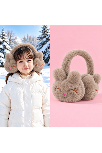 Cute Rabbit Ears Brown Young Girls' Plush Ear Muffs Cat Furry Bowknot Winter Ear Warmer Hat Cold-Proof