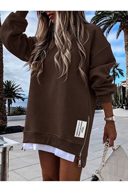 Kadın Oversize Sweatshirt Yan Fermuar Detaylı Uzun Kollu Kahverengi Tunik