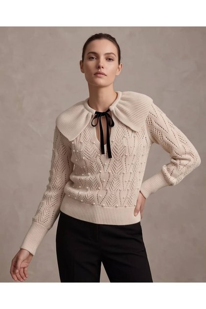 Women's Baby Collar Bow Detailed Pearl Decorated Knitwear Blouse