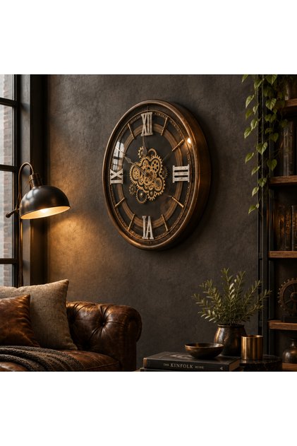 Metal Çarklı Duvar Saati Eskitme 80 cm