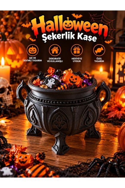 Halloween Cadılar Bayramı Dekoratif Cadı Kazanı Şekerlik Kase Masa Üstü Dekor