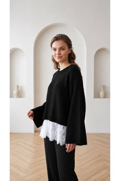 Women's Lace Detailed Crew Neck Oversize Knitwear Sweater