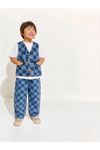 Children's Blue Checkered Baggy Jean Trousers with Elastic and Pocket Detail Checkered Vest Waist Comfortable Fit Jeans