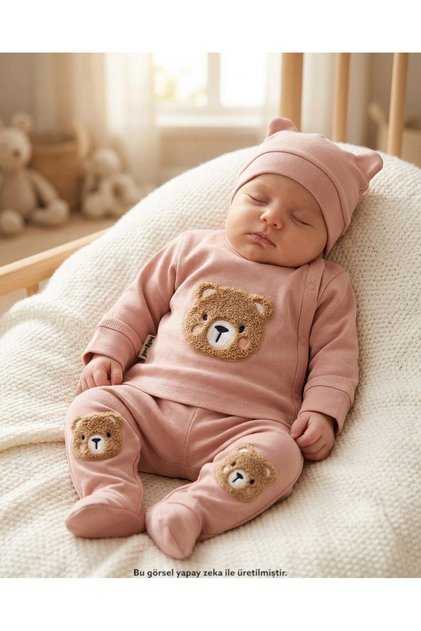 Newborn Baby Süzene Teddy Bear Embroidered 3-Piece Bodysuit Set with Gloves and Hat