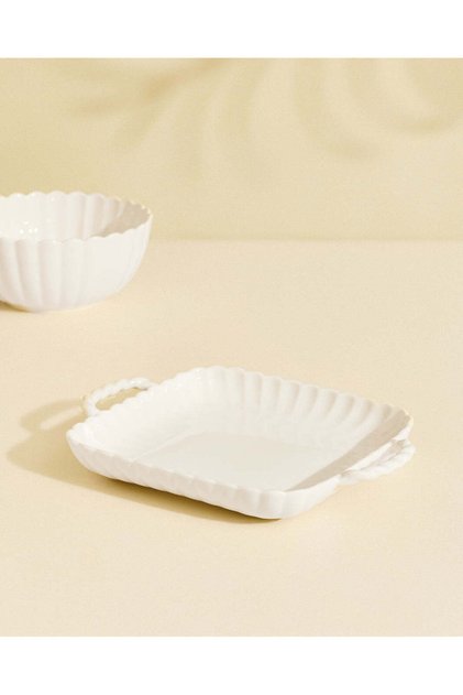 White Fluted Square Serving Platter With Handles 26.8x21cm