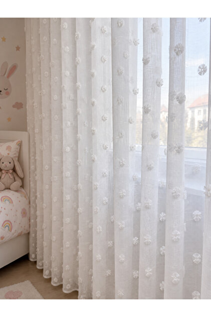 White Pompom Linen Look Wrinkle-Resistant Pleated Tulle Curtain Children's Room Tulle Curtain