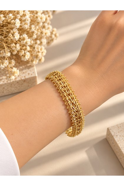 Gold Color Knitted Design Women's Bracelet – Multi-Row Stylish and Elegant Model