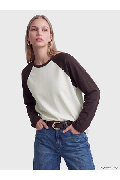 Alita City Farkıyla Lcw Vision Ecru Combed Cotton Color Block Comfortable & Relax Long Sleeve Women's T-Shirt