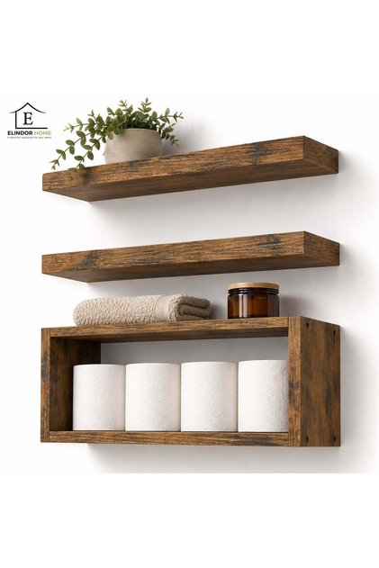 Set de 3 Elindor ® Rafturi, Raft suspendat pentru depozitare, Mobilier pentru bucătărie, dormitor, baie sau birou, 2 rafturi și 1 raft dublu, Perfect pentru organizarea cărților, veselei de masă, 40 x 15 x 1.5 cm, Maro